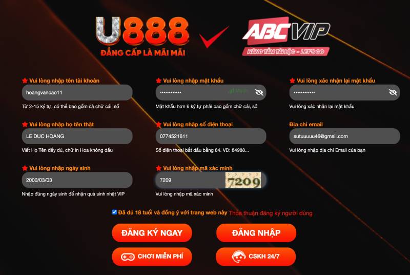 Các bước đăng ký tài khoản U888 nhanh chóng