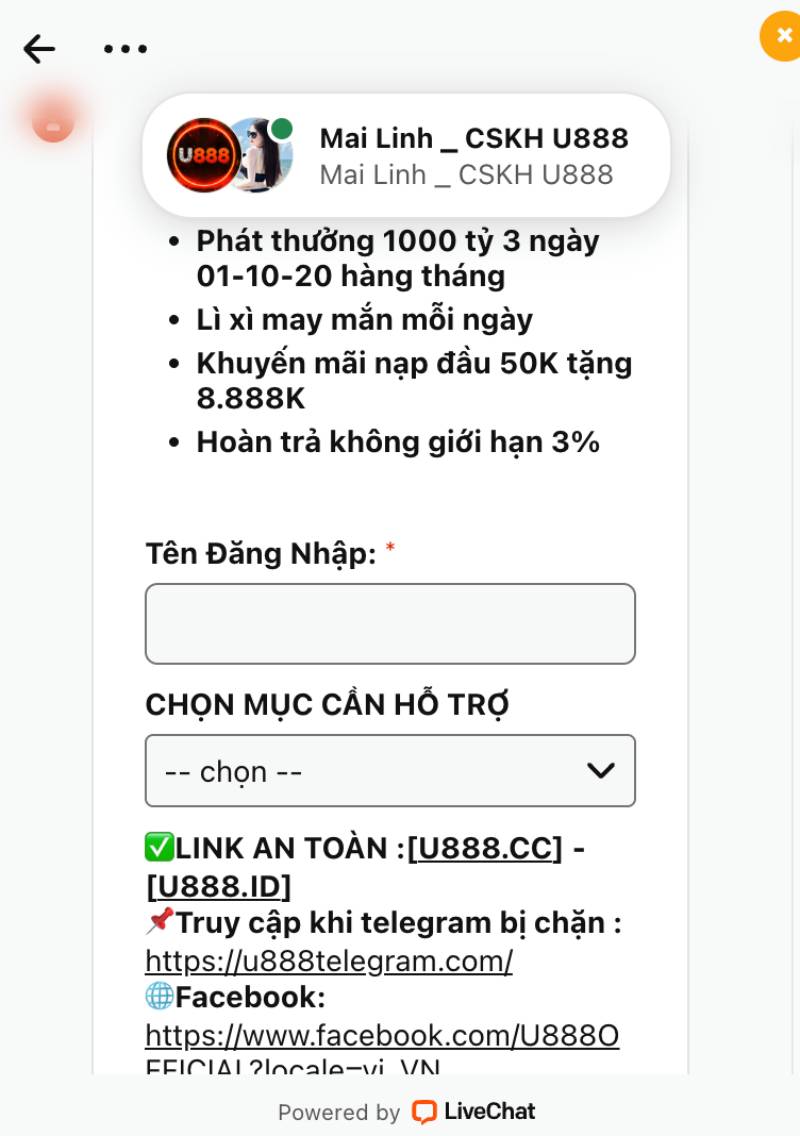 Liên hệ qua kênh chính thức U888.com
